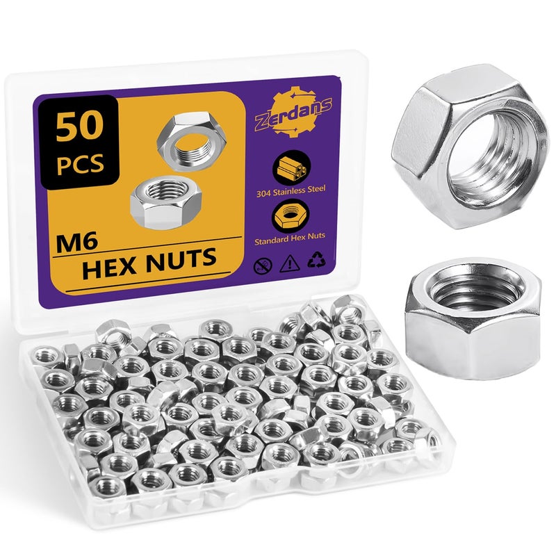 ZerDans M6 Hex Nuts, 50Pcs Metric 304 Stainless Steel Metal M6-1.0mm Hexagonal Nuts Hardware Set for Bolt for Furniture, Automotive, Industry and Construction, Full Thread - Image 1